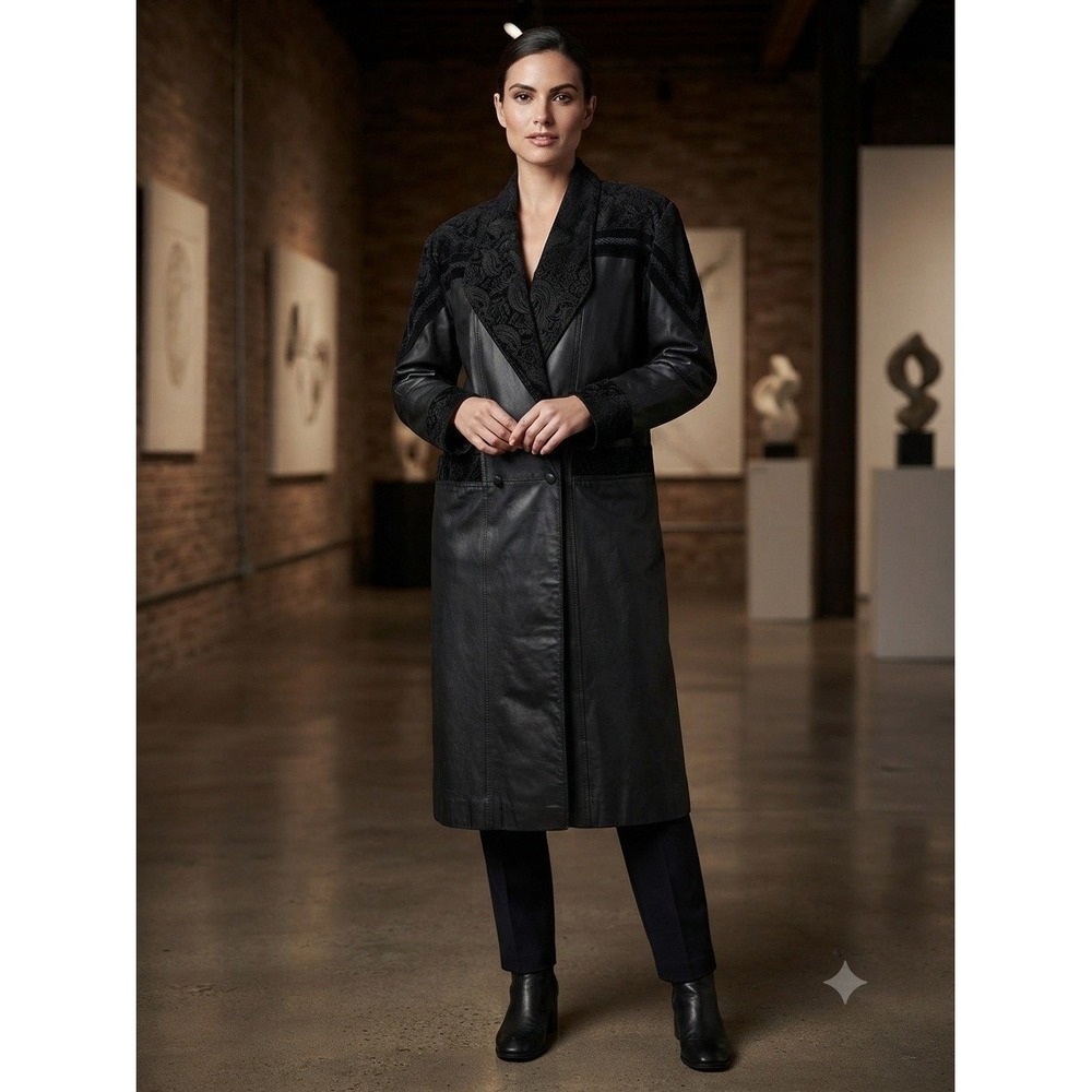 VTG Pelle Pelle Black Leather Long Coat Duster Jacket Paisley Trim Women's M